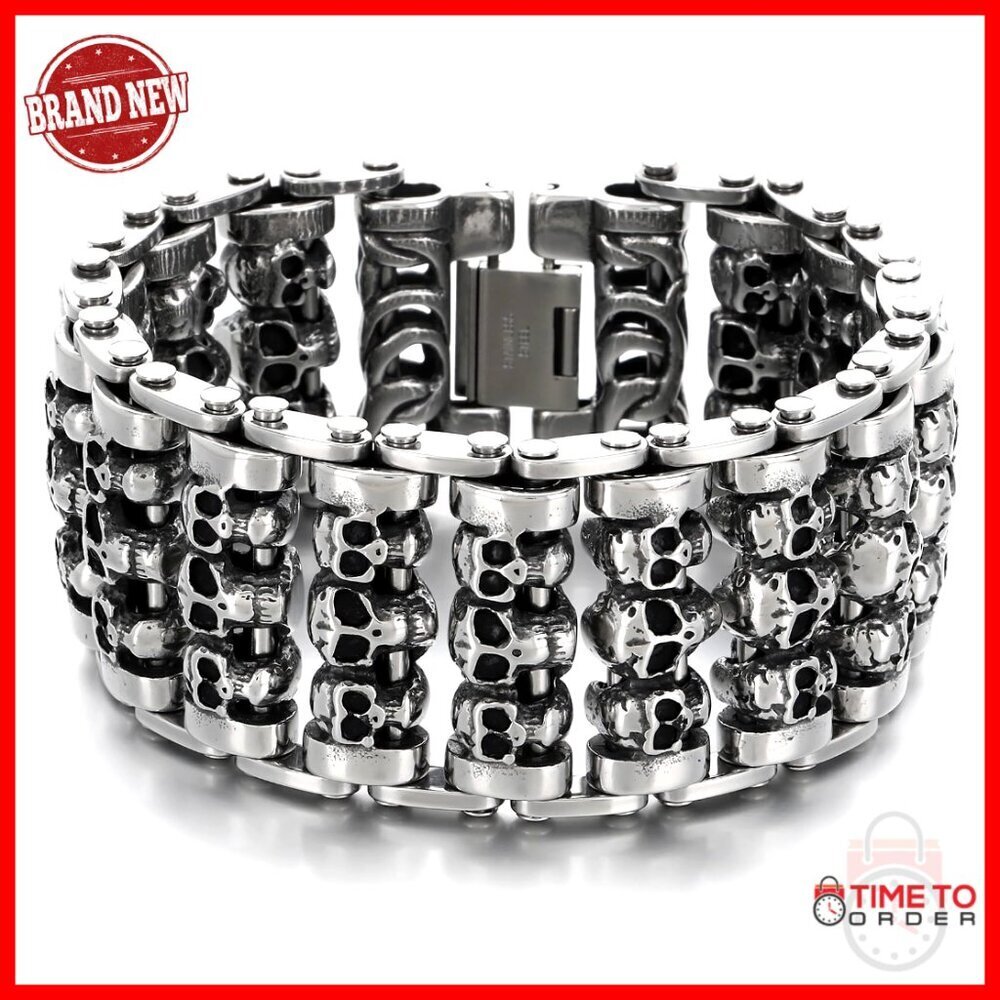 Men's Heavy Duty Stainless Steel Skull Bracelet Biker Motorcycle Jewelry